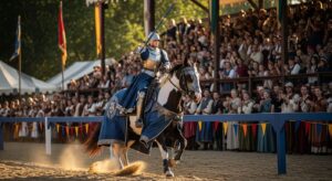 Female knight riding a horse during a jousting show at the Florida Renaissance Festival
