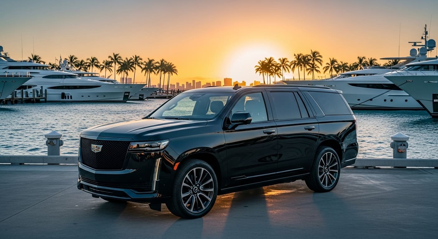Black luxury SUV parked in front of superyachts at the 2026 Miami International Boat Show during sunset