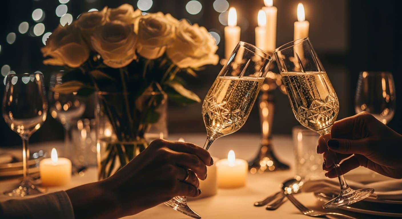 Two champagne glasses during a romantic candlelit Valentine’s dinner
