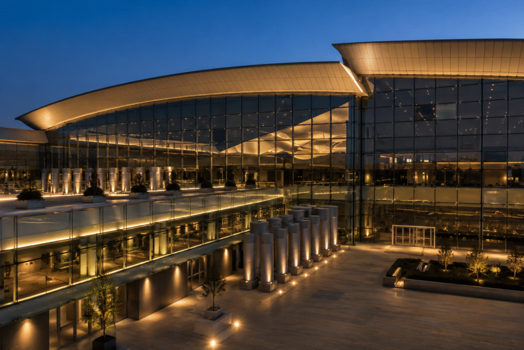 Exterior view of Josep Tarradellas Barcelona-El Prat Airport (BCN) Terminal 1 at twilight, showcasing modern glass facade architecture and illuminated courtyard lighting.
