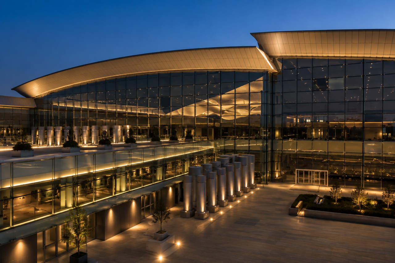 Exterior view of Josep Tarradellas Barcelona-El Prat Airport (BCN) Terminal 1 at twilight, showcasing modern glass facade architecture and illuminated courtyard lighting.