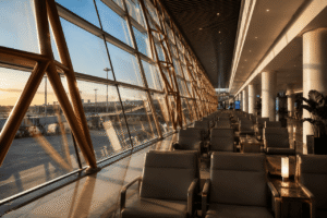 Modern departure concourse at Beijing Capital International Airport (PEK) Terminal 3, featuring comfortable leather seating and slanted glass windows overlooking the tarmac at sunset.