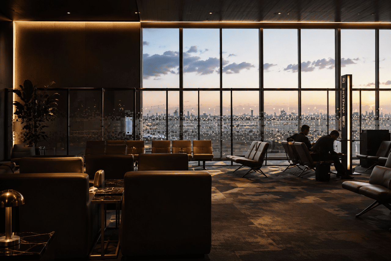 Luxurious VIP airport lounge at Benito Juárez International Airport (MEX) featuring elegant seating, warm ambient lighting, and floor-to-ceiling windows overlooking the airfield at sunset.