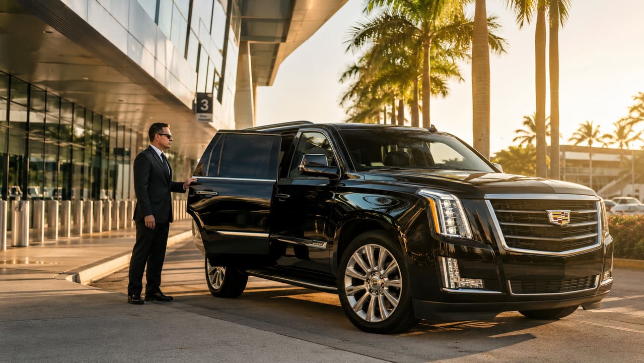 Executive black SUV chauffeur service waiting at Miami International Airport (MIA) terminal
