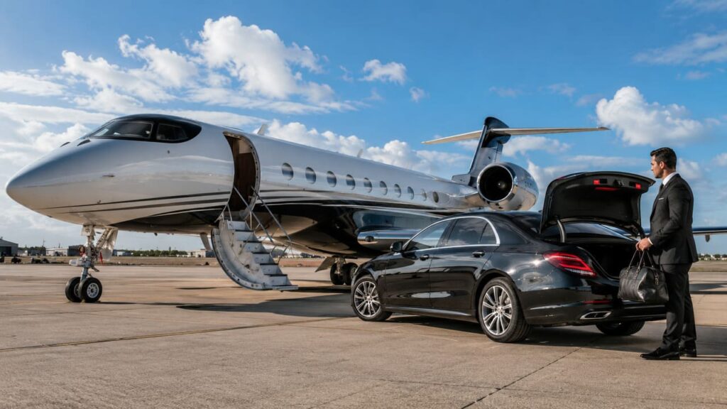 Private jet tarmac transfer with luxury black sedan chauffeur at Opa-locka Executive Airport (OPF)