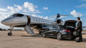 Private jet tarmac transfer with luxury black sedan chauffeur at Opa-locka Executive Airport (OPF)
