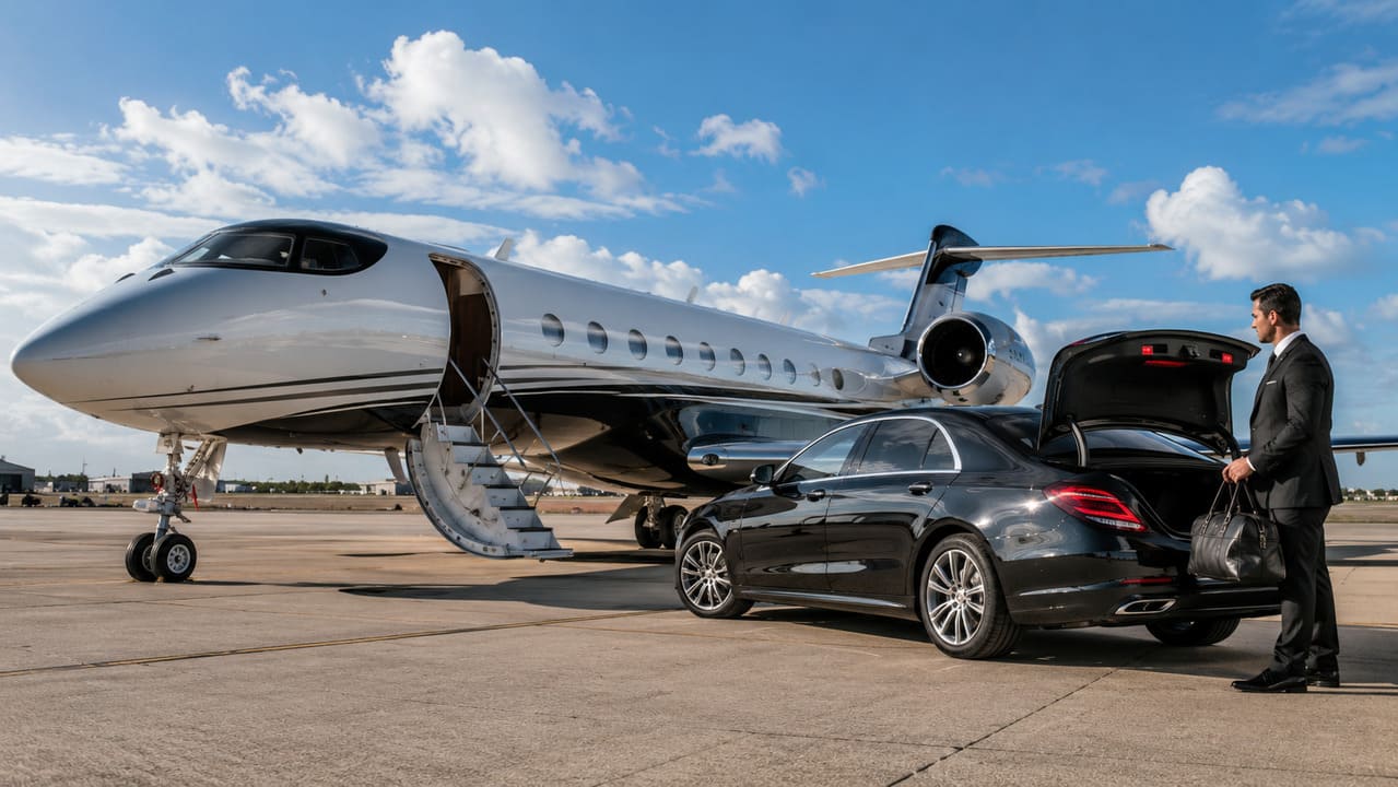 Private jet tarmac transfer with luxury black sedan chauffeur at Opa-locka Executive Airport (OPF)