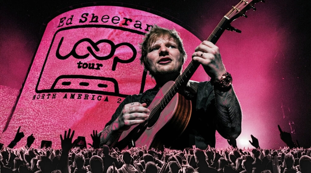 Ed Sheeran tocando violão no palco com o logotipo da Loop Tour durante show na Flórida, ilustrando serviço de transporte executivo para o evento.
