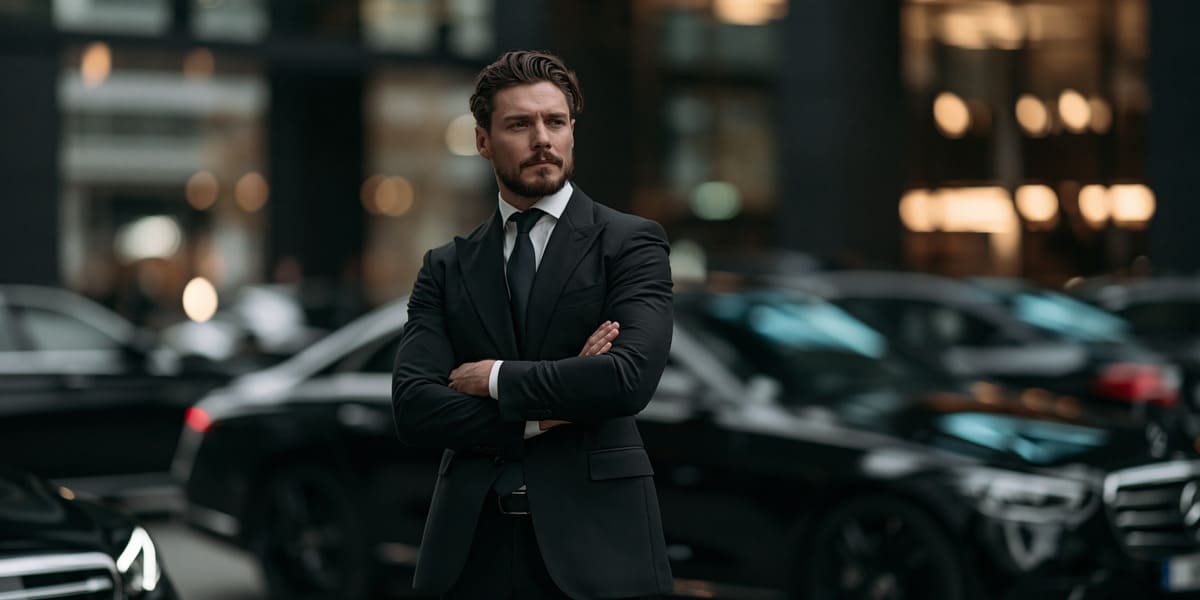 Professional executive chauffeur standing in front of luxury vehicles for Charles de Gaulle Paris Airport transfer