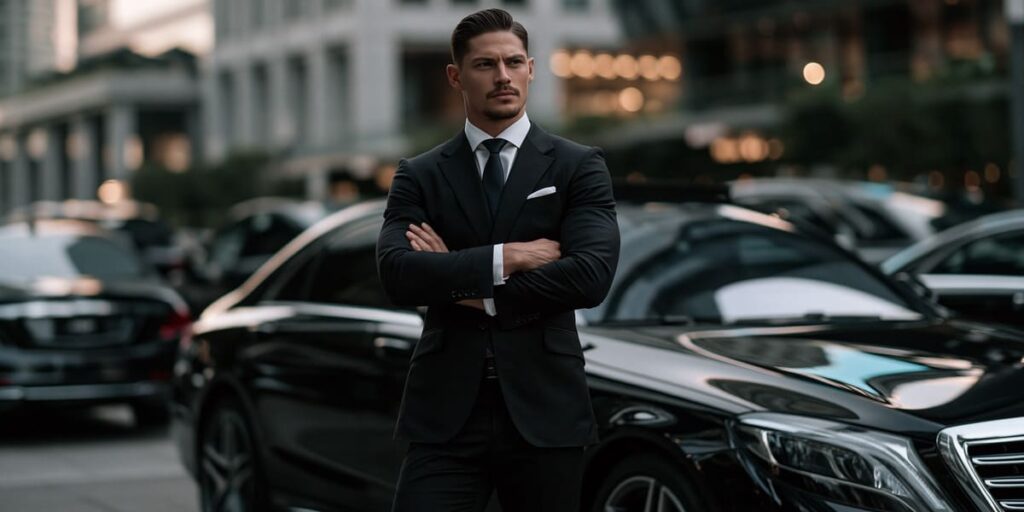 Professional executive chauffeur standing in front of luxury vehicles for Denver Airport transfer