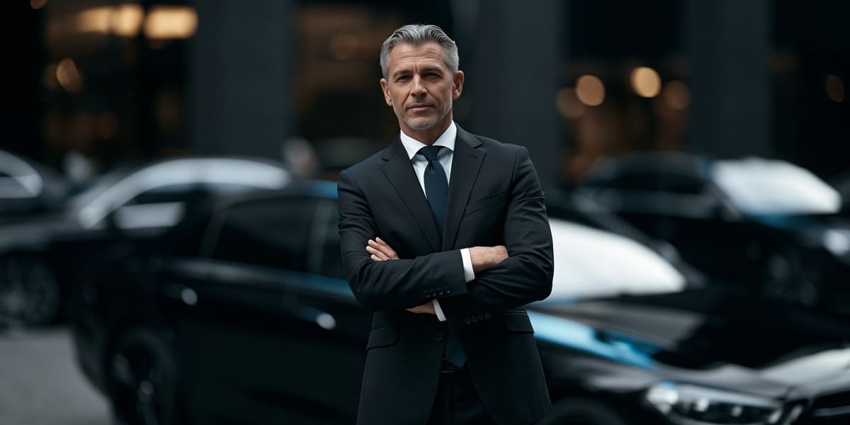 Professional executive chauffeur in a suit standing confidently in front of a luxury limousine and transport fleet