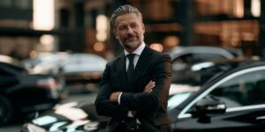 Professional senior executive chauffeur standing in front of luxury vehicles for Narita Airport transfer