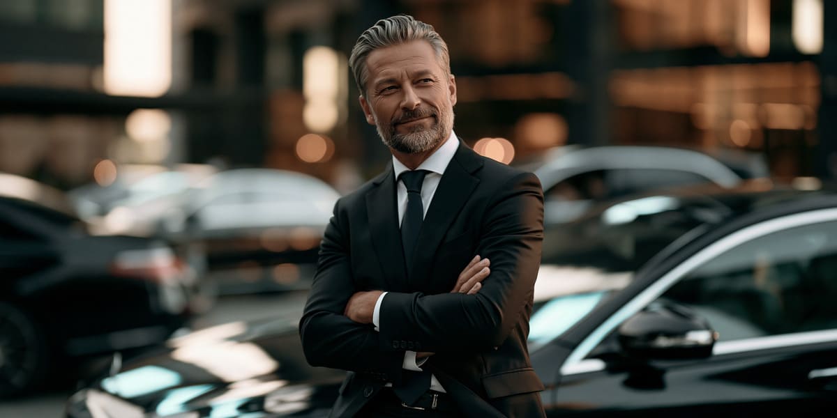 Professional senior executive chauffeur standing in front of luxury vehicles for Narita Airport transfer