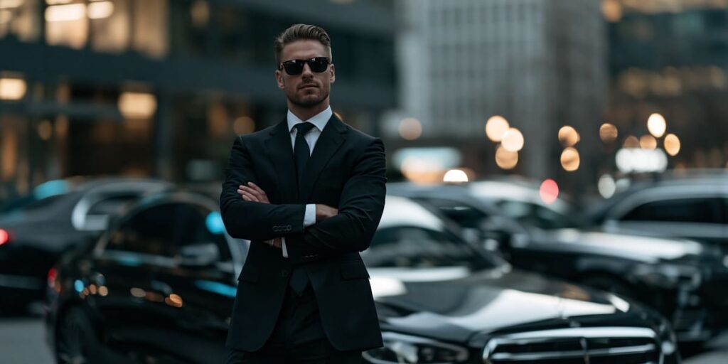 Professional executive chauffeur standing in front of luxury vehicles for Teterboro Airport transfer