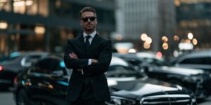 Professional executive chauffeur standing in front of luxury vehicles for Teterboro Airport transfer