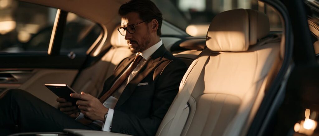 Executive passenger working on a tablet in the back seat of a luxury car transfer