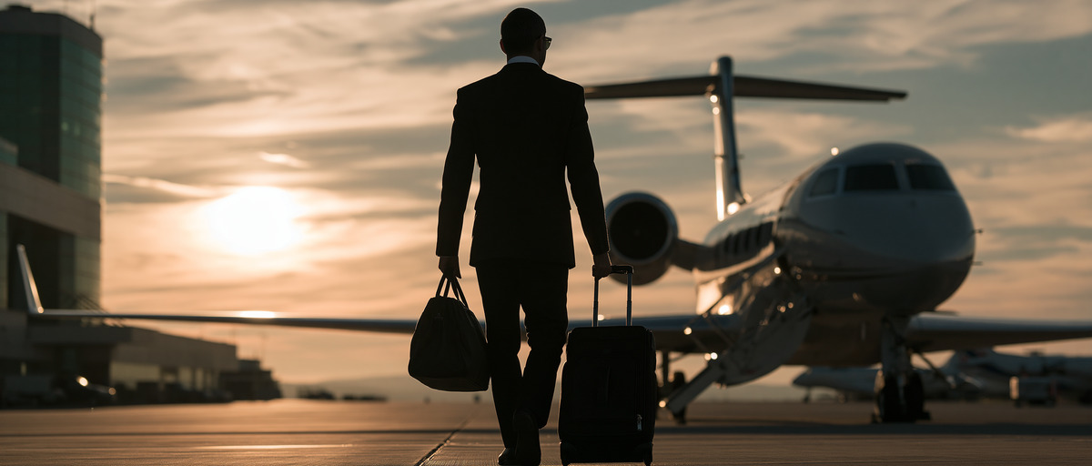 Executive traveling with luggage on the tarmac for Copenhagen Airport transfer