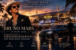 Banner sobre serviço de chauffeur privado e limusine de luxo para o show do Bruno Mars no Hard Rock Stadium em Miami 2026.