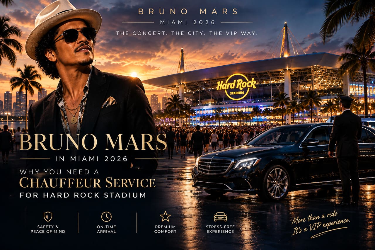 Banner sobre serviço de chauffeur privado e limusine de luxo para o show do Bruno Mars no Hard Rock Stadium em Miami 2026.